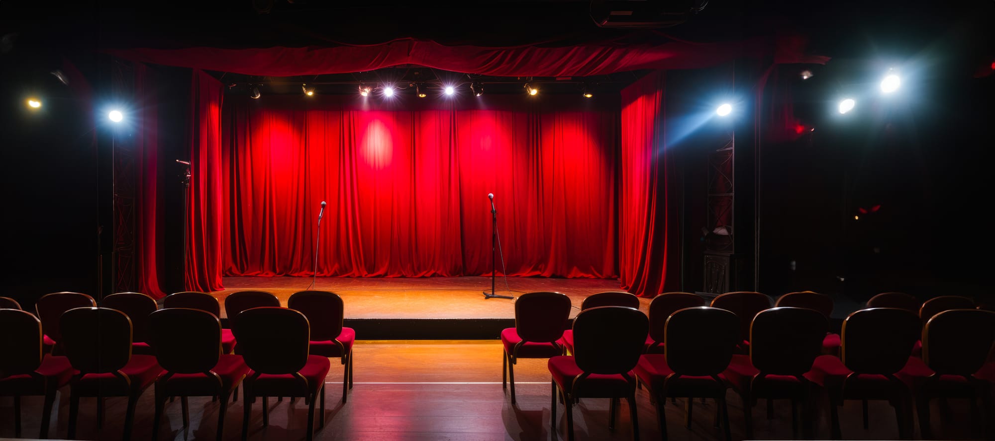 Image of a stage with a red curtain backdrop, two mics, and chairs facing the stage.