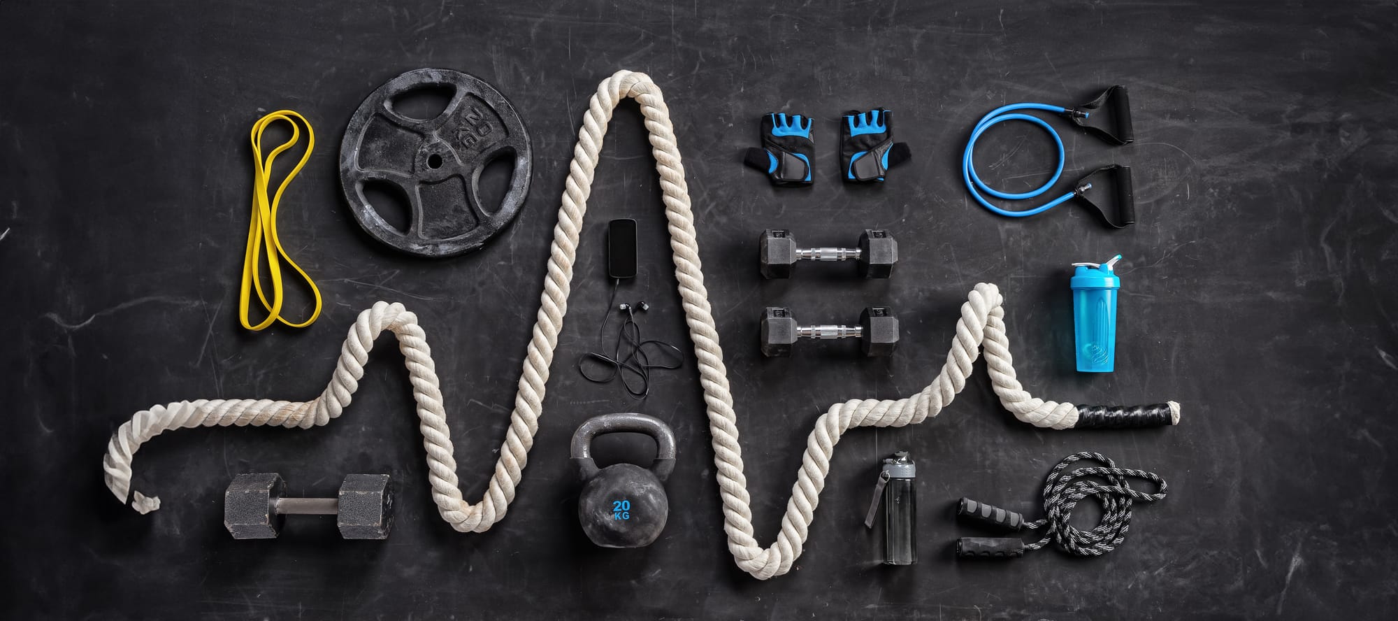 Sports equipment on a black background. Top view. 