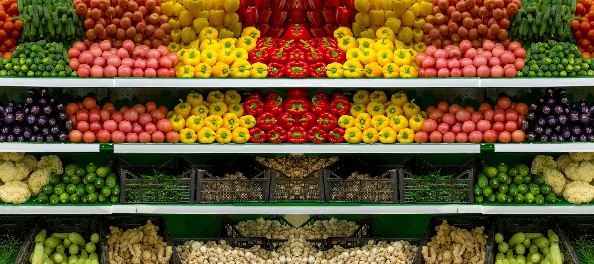 Vegetables on a shelf in a supermarket.