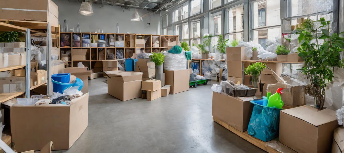 A large, open room with windows, boxes, and Spring cleaning supplies.