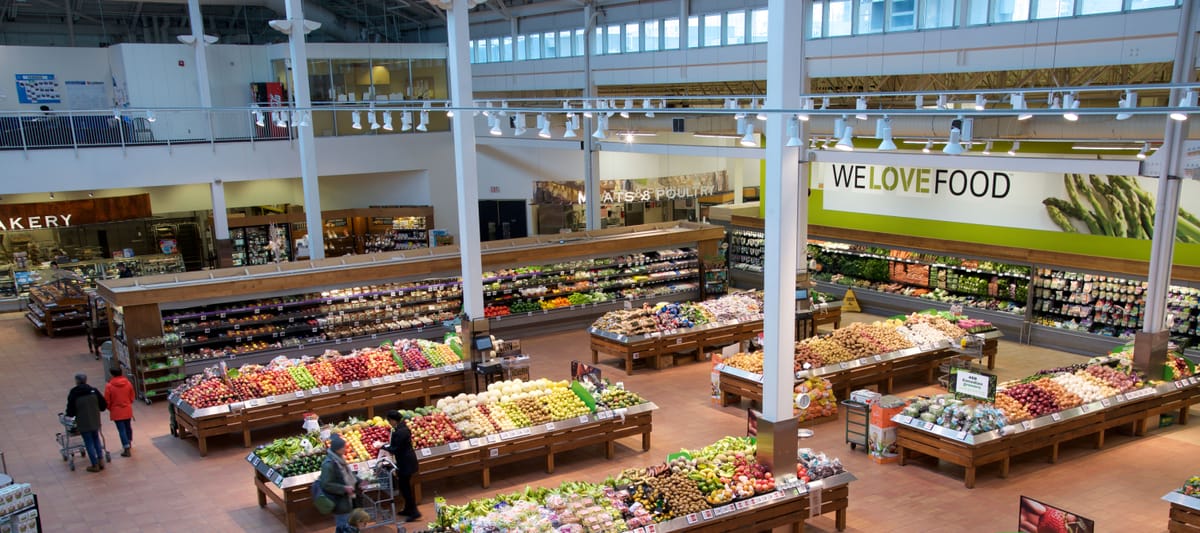 The produce section inside a supermarket.