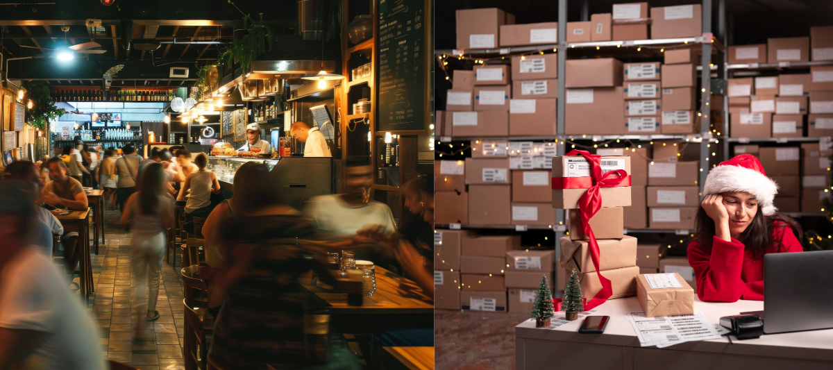 Split Image: Busy restaurant on the left, retail boxes and a woman in a Santa hat on the right.