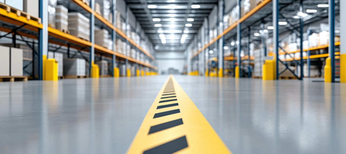 Photo of a warehouse with equipment on pallet racking.