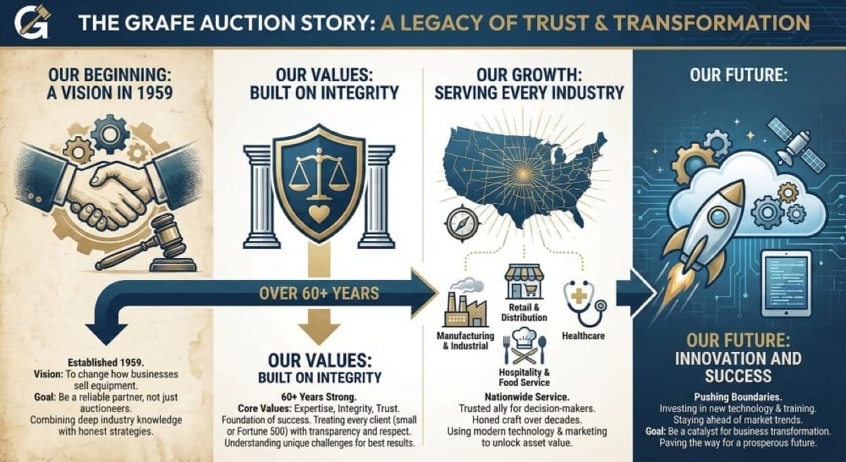 Infographic: The Grafe Auction Story. Covers 1959 beginnings, integrity values, nationwide industry growth, and future innovation in commercial equipment auctions.